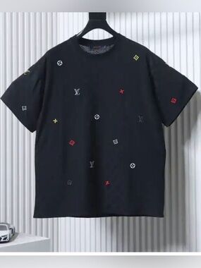 Louis Vuitton Black Monogram Tee with Multicolor Embroidered Motifs